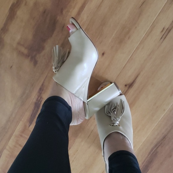 Jones NY Heeled leather slides with tassels mules peeptoe, Jaymee style - Picture 3 of 3